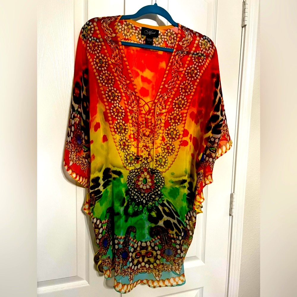 Bright caftan with jewel stones and drawstrings.  Beautiful!